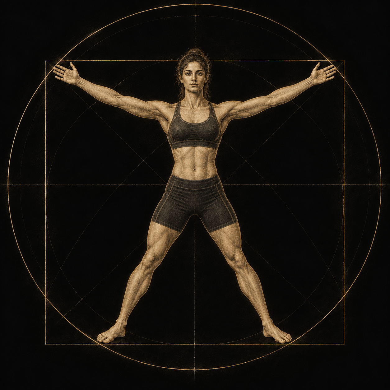 Vitruvian-inspired illustration of an athletic woman with outstretched limbs, framed by a circle and square in ivory and gold on black.